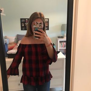 Navy and Red Plaid Off the Shoulder top